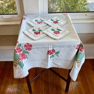 Vintage Hand Painted Tablecloth Napkin Set Red Flowers Cottage Style